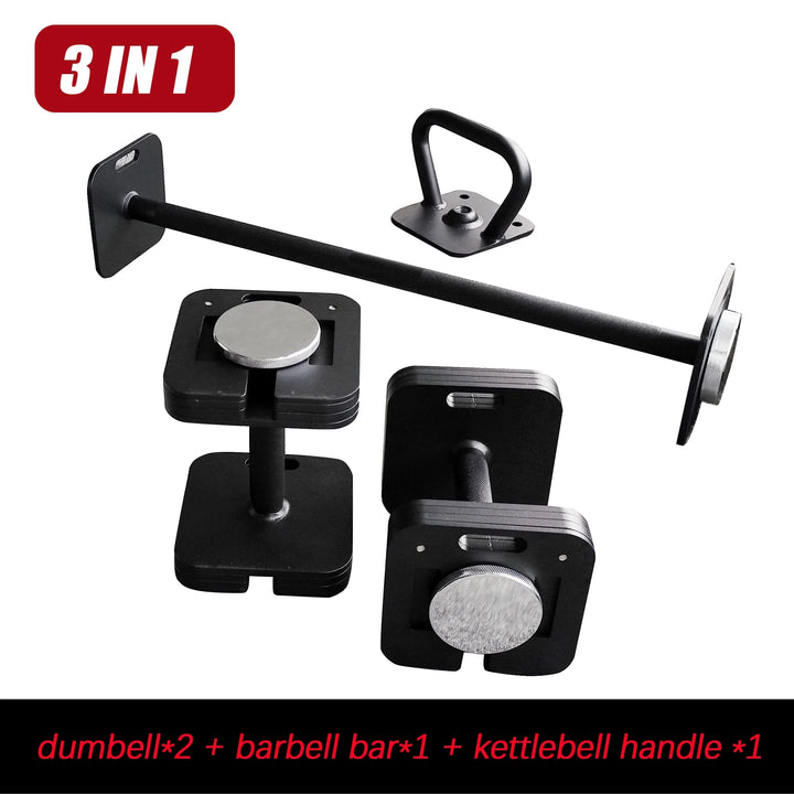 3-in-1 Adjustable Free Weight Set – Custom Color Dumbbells, Barbell & Kettlebell (Cast Iron, Square Design) for Home Gym