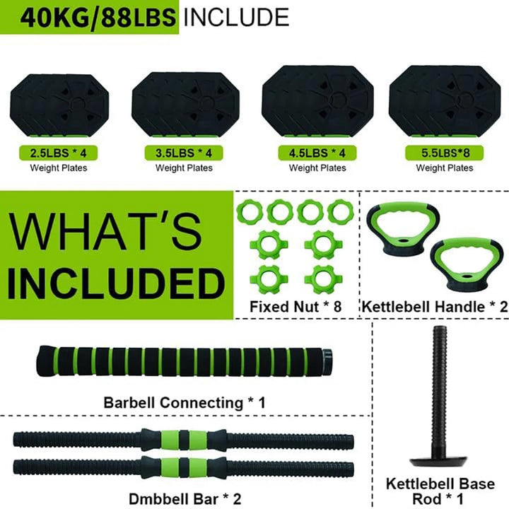 4-in-1 Adjustable Kettlebell & Dumbbell Set (66lbs/88lbs) – Versatile Barbell, Push-Up Stand & Home Gym Equipment